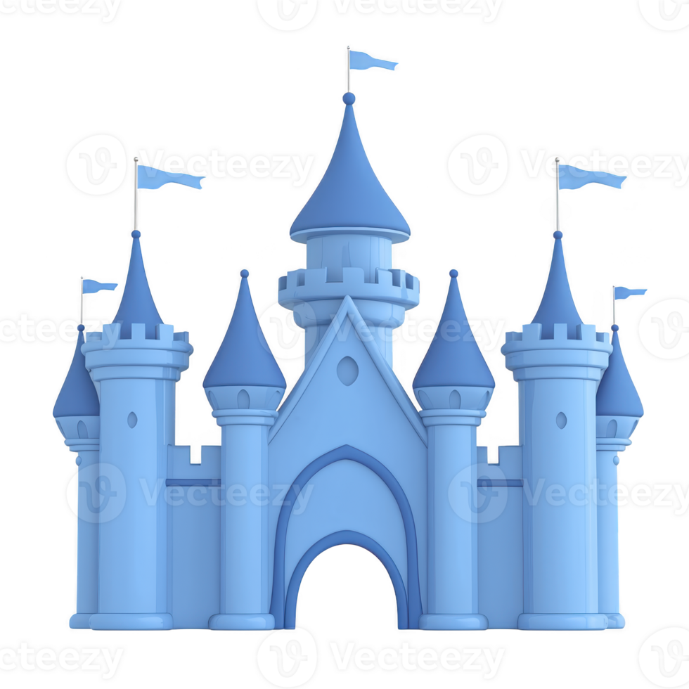 whimsical blue castle with multiple towers and flags evokes sense of fantasy and adventure. structure features pointed roofs and arched entrance, reminiscent of fairy tales png