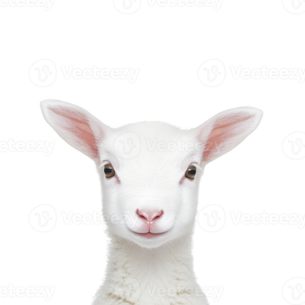 cute lamb with fluffy white wool and large ears is looking directly at camera against plain transparency background. lamb innocent expression is endearing png