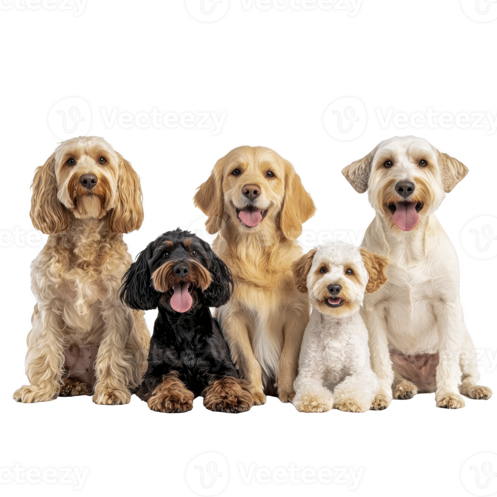 group of five adorable dogs sitting together, showcasing variety of breeds and sizes. Their happy expressions and fluffy coats create heartwarming scene png