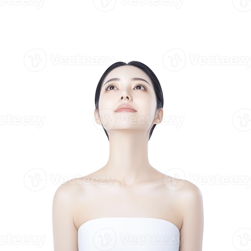 woman with serene expression looks upward, showcasing her smooth skin and elegant posture against plain background. image highlights beauty and tranquility png