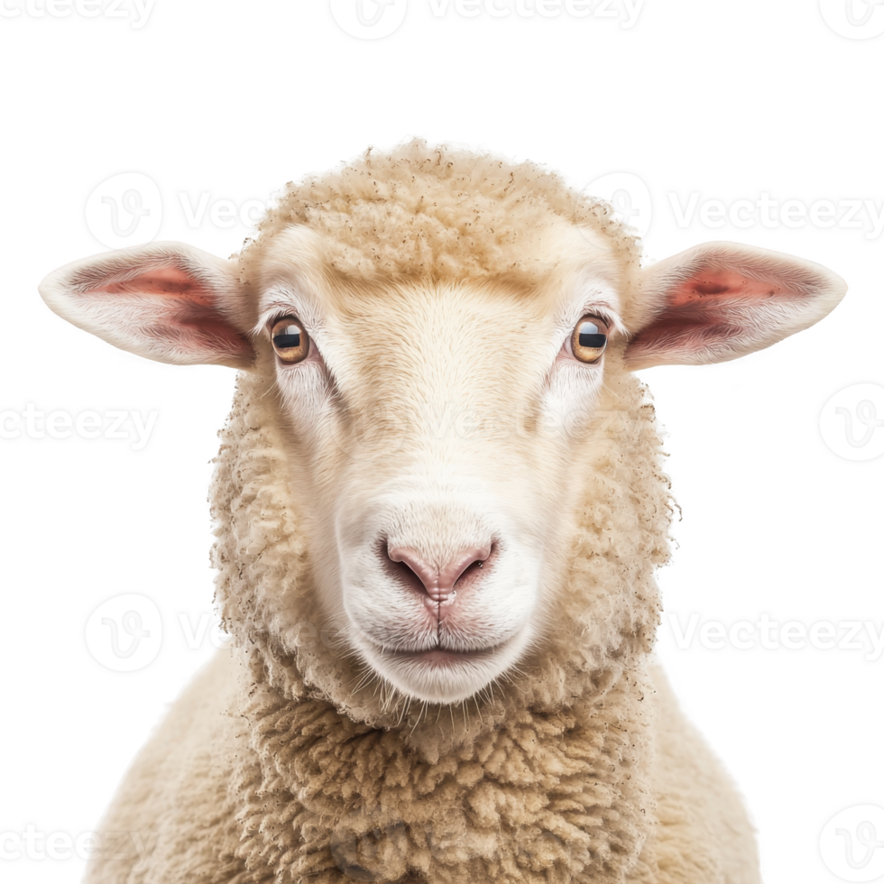 close up of sheep with fluffy wool coat and alert expression, isolated on transparency background. sheep ears are perked up, and its eyes are wide open, giving it curious look png