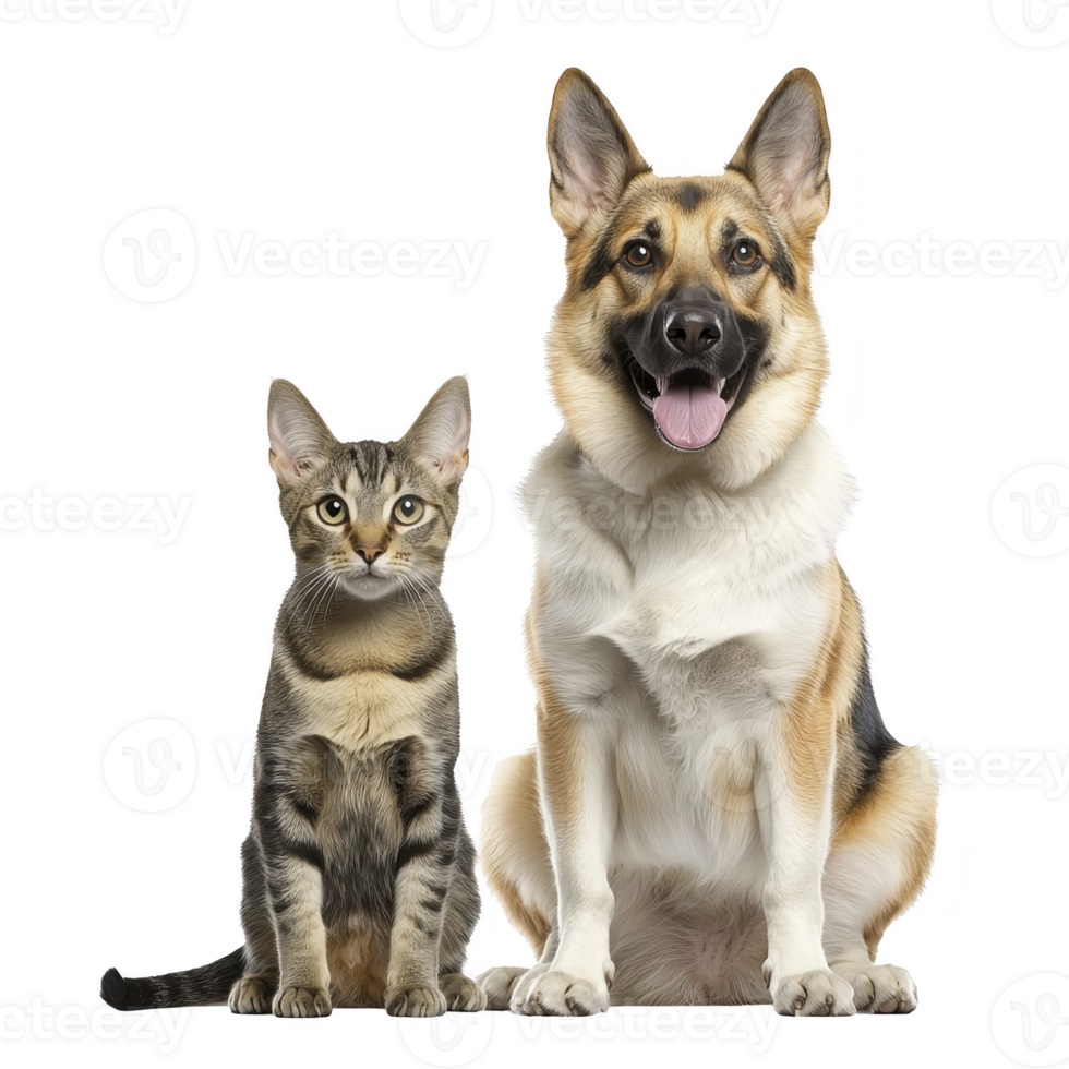 cheerful German Shepherd dog and curious tabby cat sit side by side, showcasing delightful contrast in size and expression. dog appears friendly and alert, while cat looks inquisitive png