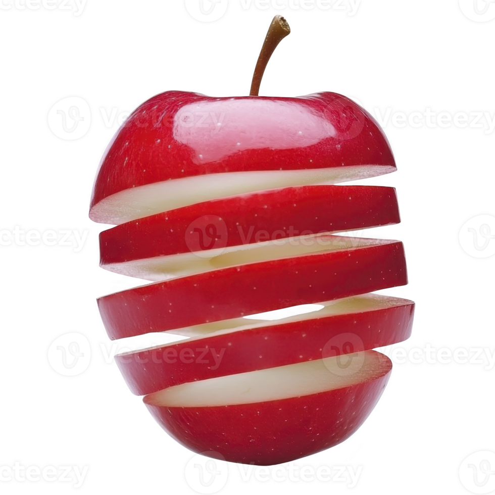 vibrant red apple is creatively sliced into even segments, showcasing its juicy interior. slices are slightly separated, revealing apple fresh texture and glossy skin png