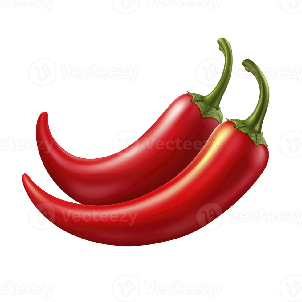 Two vibrant red chili peppers with green stems are depicted, showcasing their glossy texture and curved shape, evoking sense of spiciness and flavor png