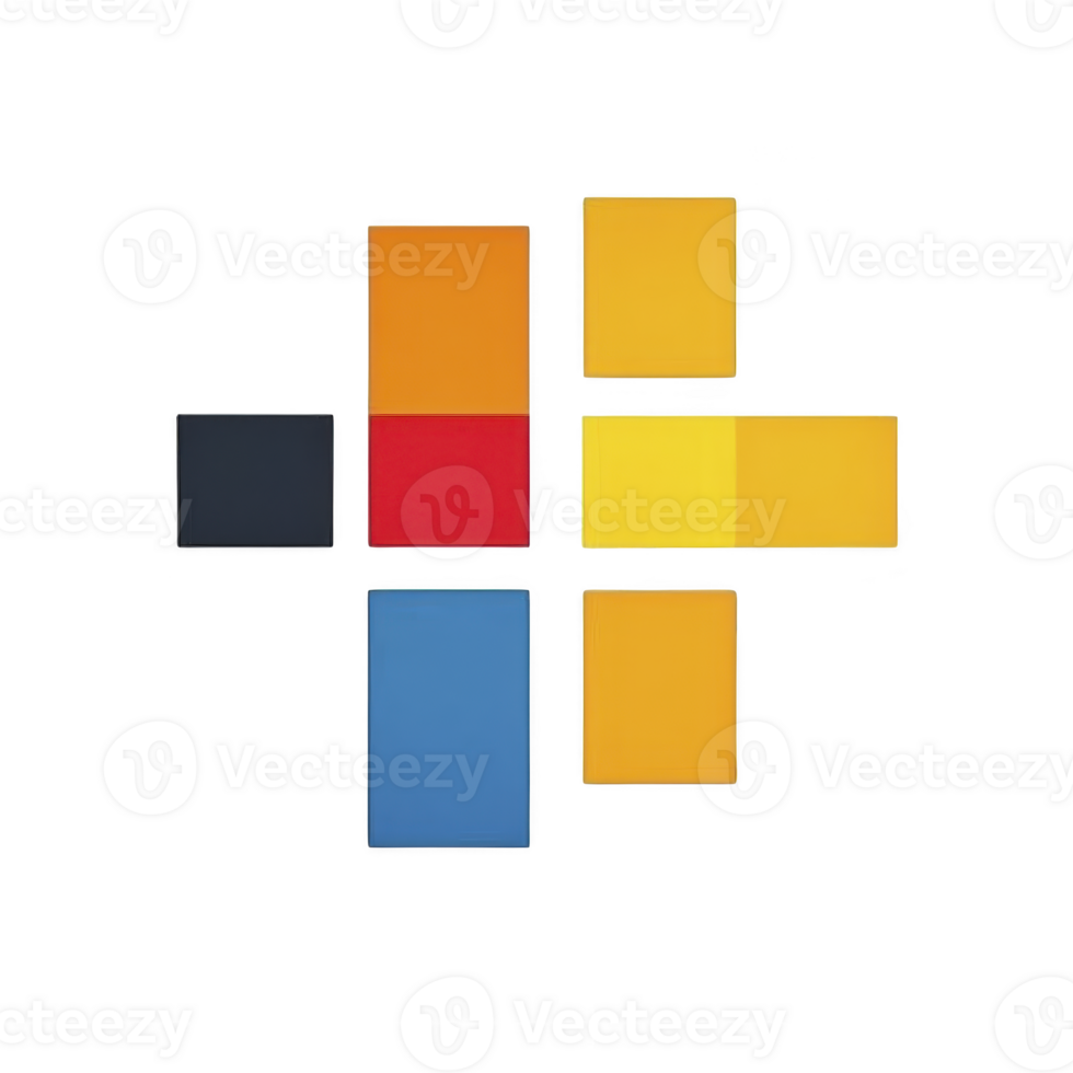 Colorful geometric shapes arranged in cross pattern, featuring rectangles in blue, red, orange, and yellow. minimalist design creates modern and abstract visual png