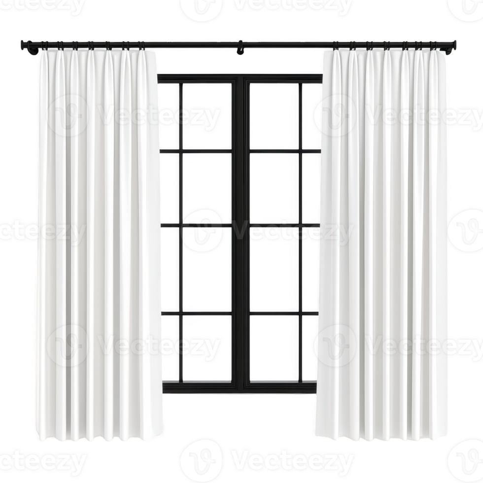 White curtains hang elegantly on black window frame, creating striking contrast. minimalist design adds touch of sophistication to any room, enhancing natural light png