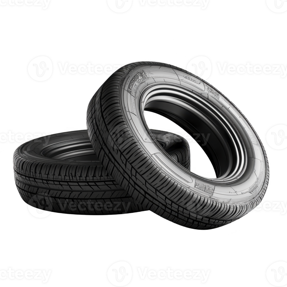 Two black car tires are stacked against each other, showcasing their tread pattern and sidewall design. image highlights tires durability and sleek appearance, suitable for various vehicles png