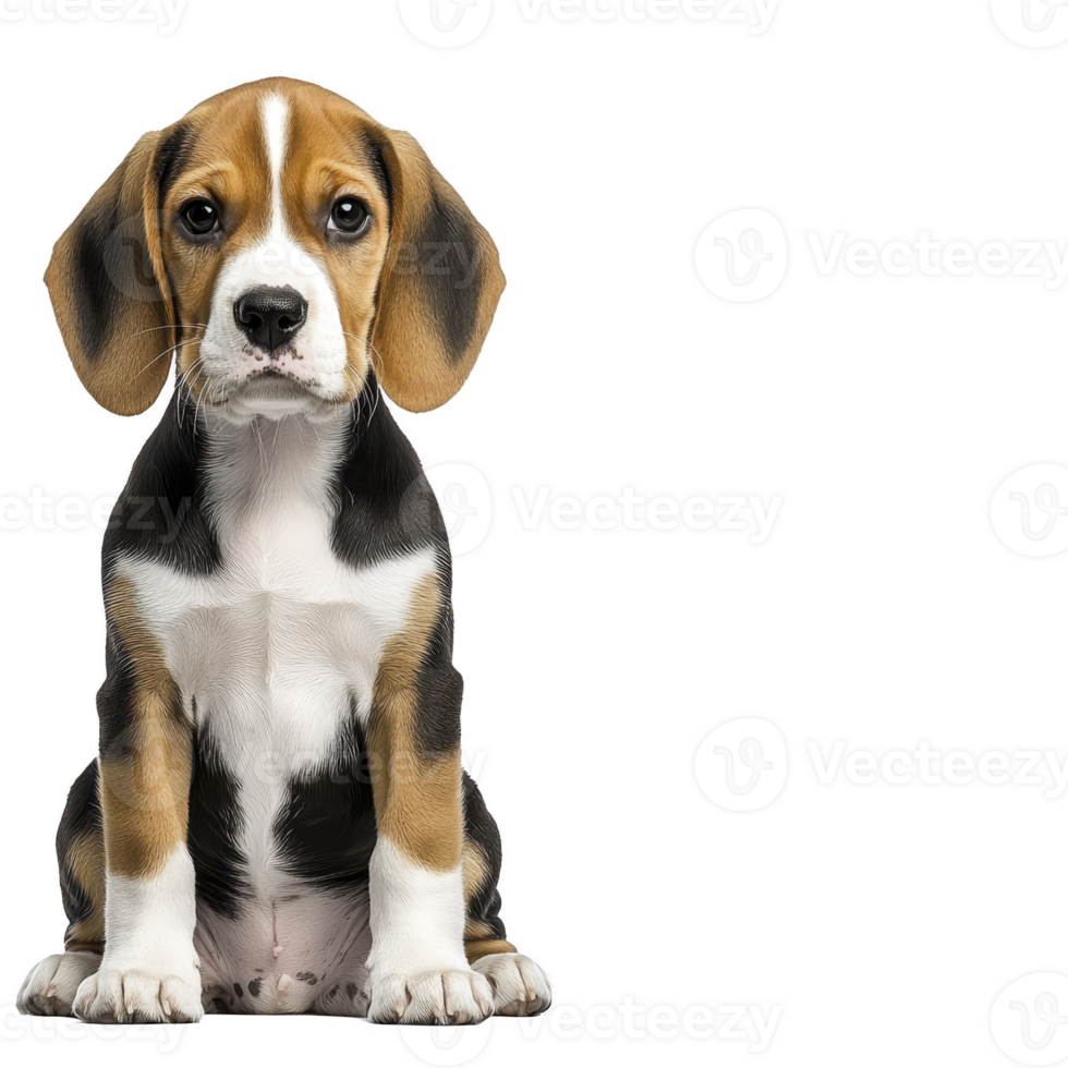 cute beagle puppy with curious expression sits against transparency background, showcasing its tricolor coat and floppy ears. adorable dog exudes innocence and playfulness png