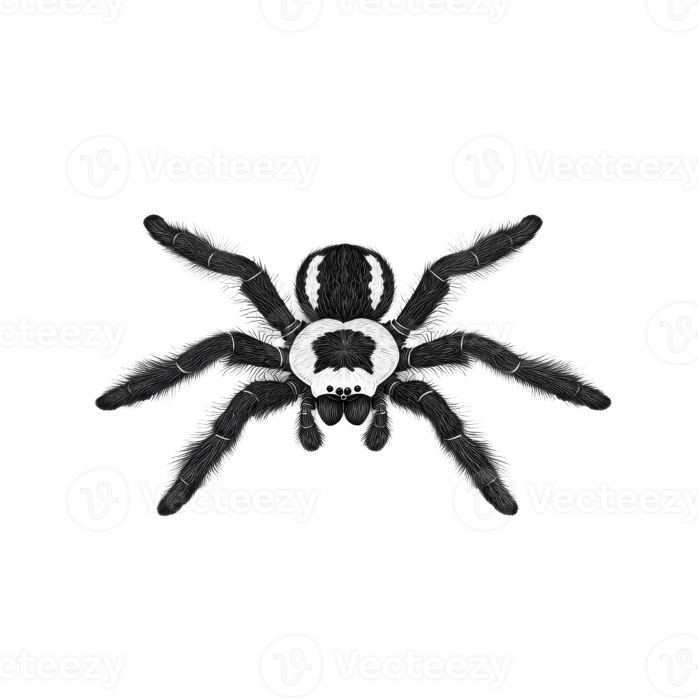 detailed illustration of tarantula with intricate patterns and textures, showcasing its hairy legs and distinct body markings. black and white design highlights spider natural features png