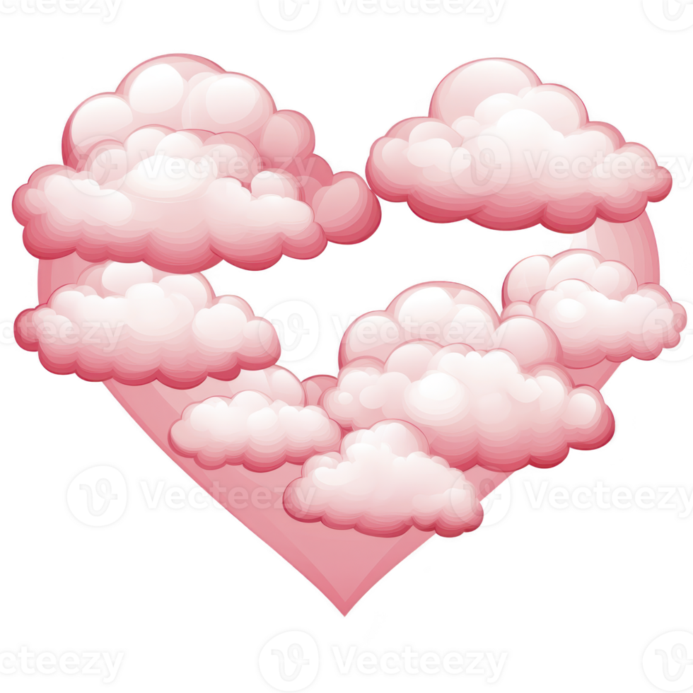 heart shaped arrangement of fluffy pink clouds creates dreamy and romantic atmosphere, symbolizing love and affection. soft pastel colors enhance whimsical and serene feeling png