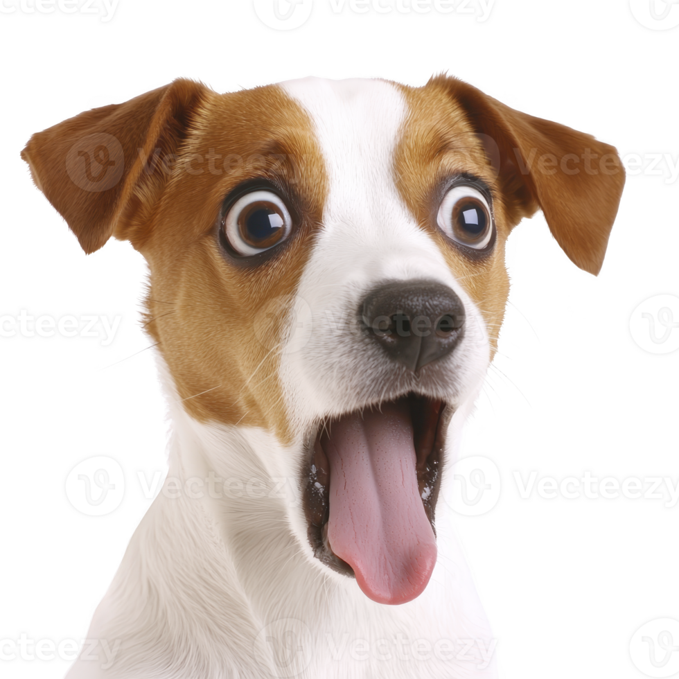 surprised dog with wide eyes and open mouth, showing playful and humorous expression. dog has white and brown coat, with floppy ears and pink tongue png