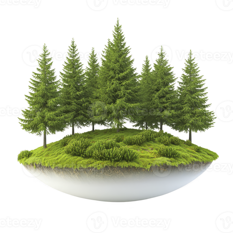 floating island with lush green grass and tall pine trees creates serene and magical atmosphere, evoking sense of tranquility and wonder png