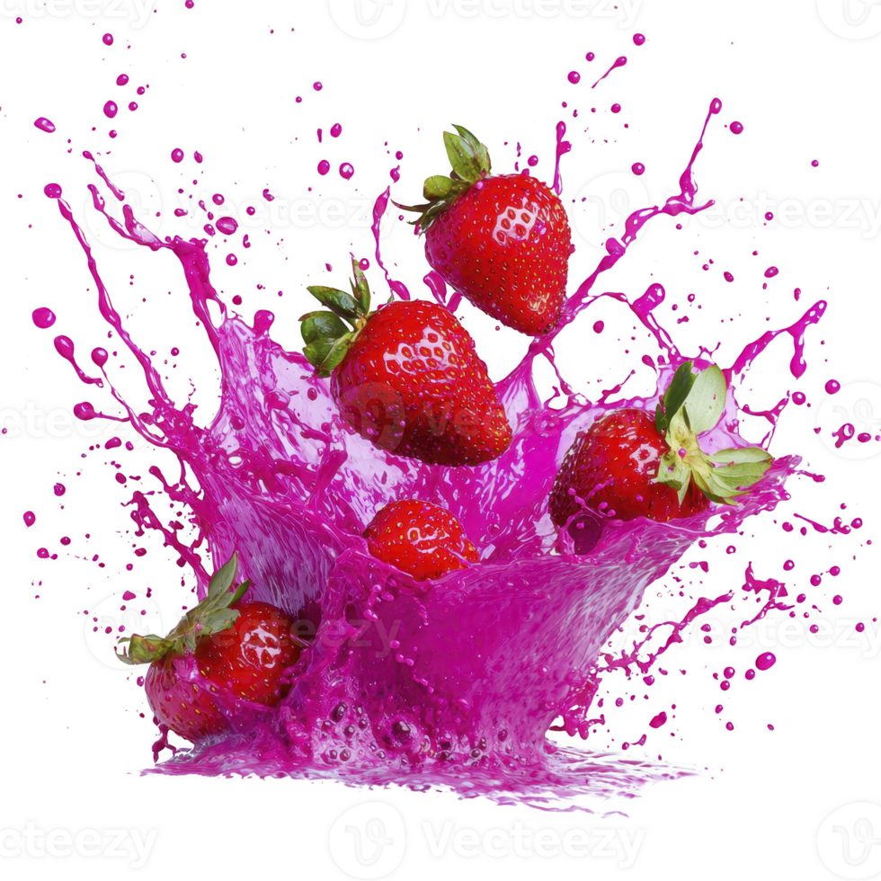 Juicy strawberries splash into vibrant pink liquid, creating dynamic and refreshing scene. vivid colors and motion convey sense of freshness and energy png