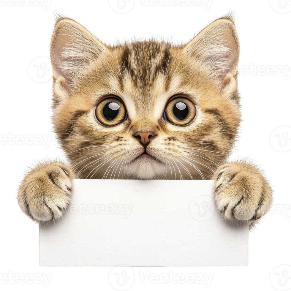 cute tabby kitten with big eyes holds blank white sign, looking curious and playful. kitten fur is striped, and its paws are gently gripping sign, creating adorable scene png