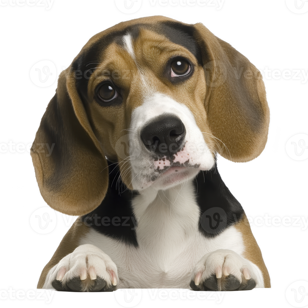 cute beagle puppy with curious expression, tilting its head slightly. dog floppy ears and soulful eyes add to its adorable appearance png