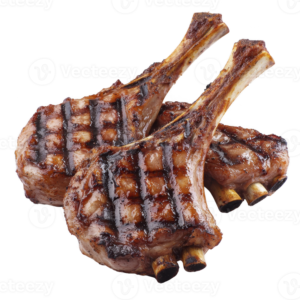 Grilled lamb chops with char marks are arranged on transparency background, showcasing their juicy and tender texture. rich, savory aroma is almost palpable png