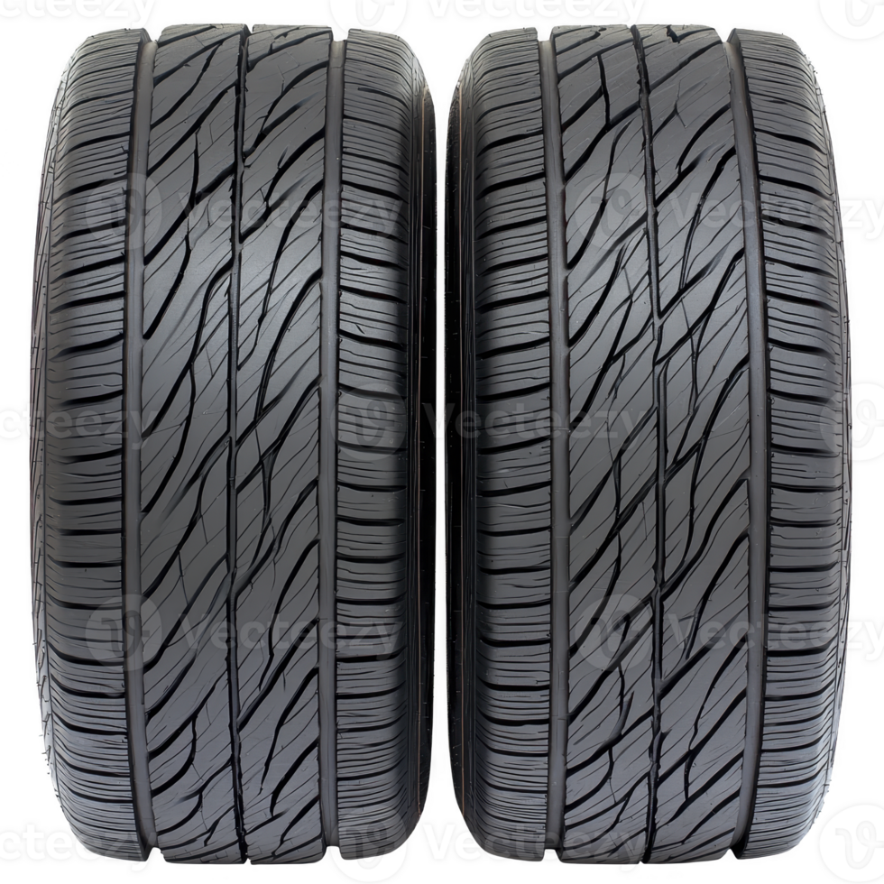 Two new car tires with detailed tread patterns are placed side by side, showcasing their robust design and durability. black rubber surface is clean and ready for installation png