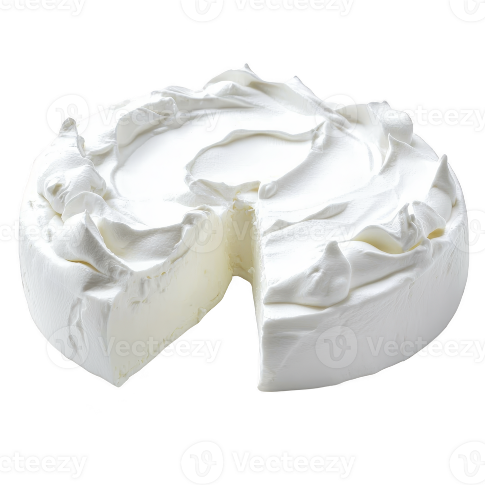 round, creamy white cake with smooth, fluffy texture and slice removed, showcasing its soft interior. cake surface is elegantly swirled, creating visually appealing design png