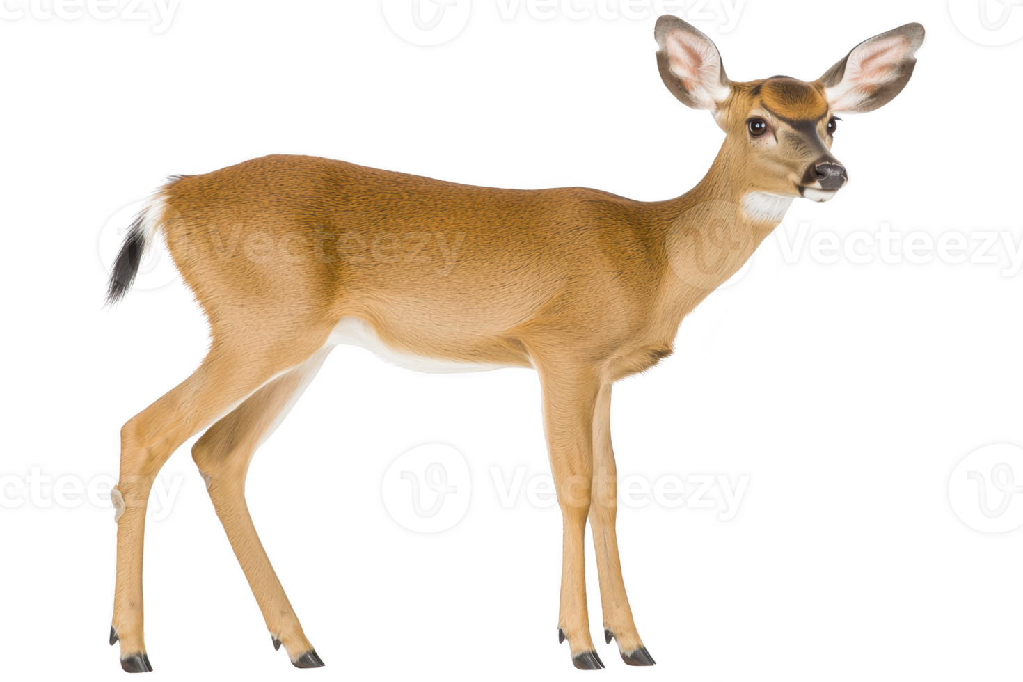 young deer stands gracefully, showcasing its slender legs and alert ears. smooth brown coat and gentle expression evoke sense of calm and curiosity png