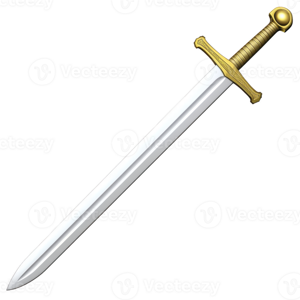 shiny medieval sword with golden hilt and long, sharp blade, perfect for knight. sword elegant design and gleaming finish evoke sense of adventure and valor png