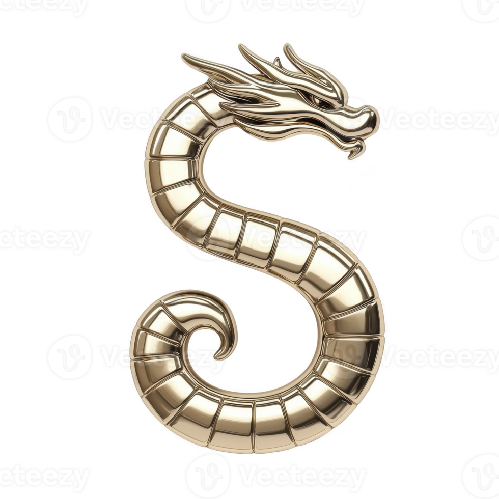 golden dragon shaped like letter S with intricate scales and fierce expression, symbolizing strength and elegance. metallic sheen adds luxurious touch png