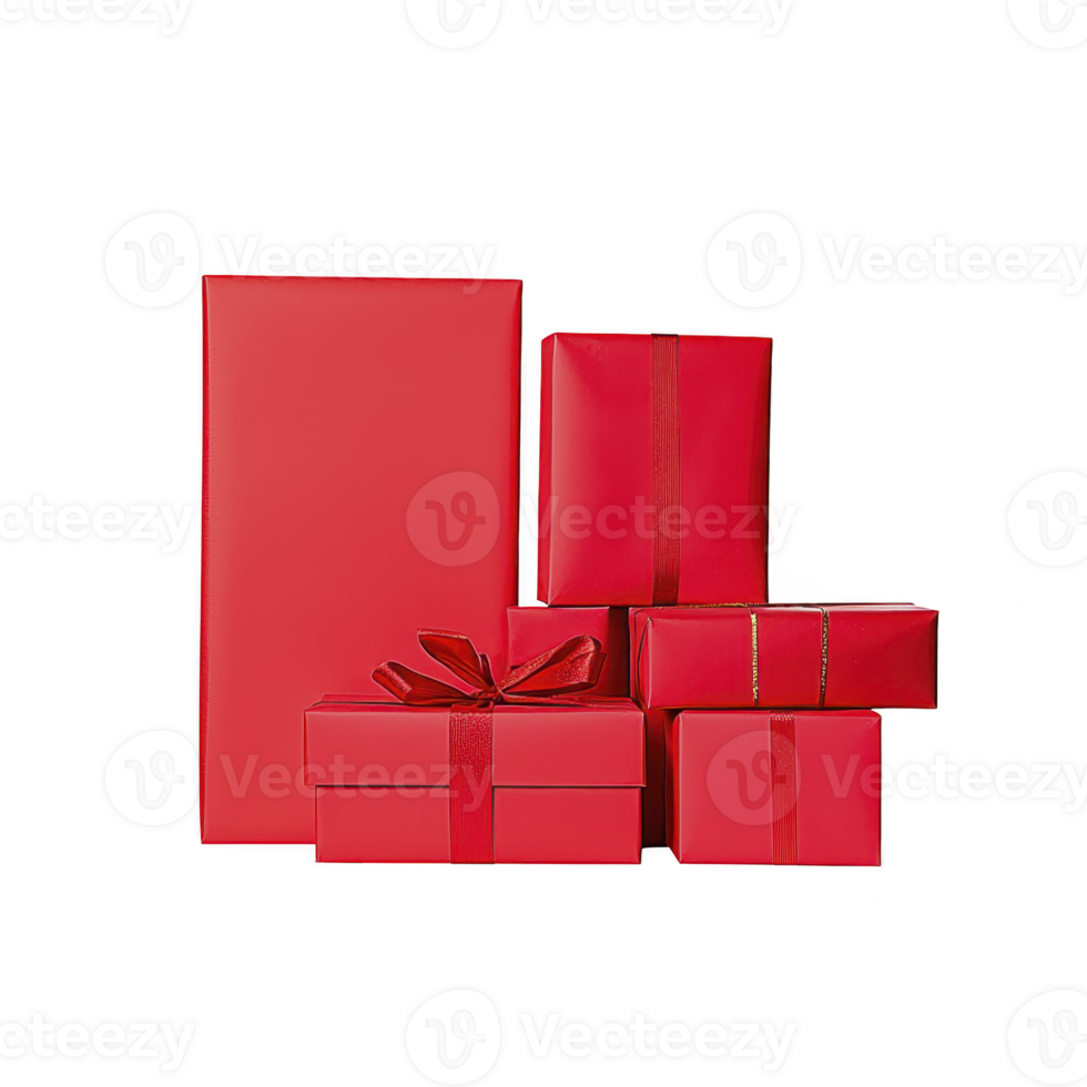 Red gift boxes with ribbons are stacked together, creating festive and celebratory atmosphere. variety in sizes adds visual interest, perfect for holiday or special occasion themes png