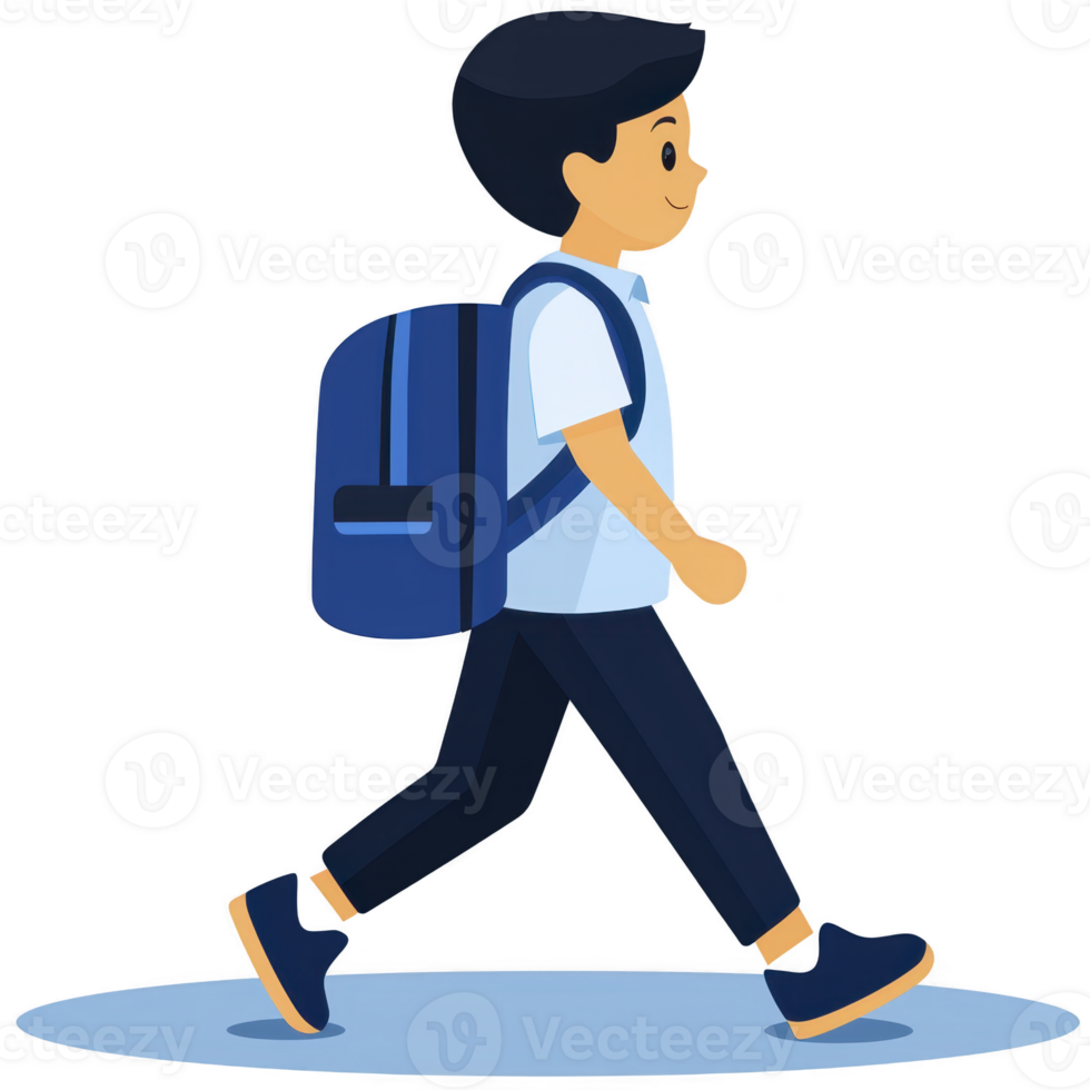 cartoon boy with blue backpack walks confidently, wearing white shirt and dark pants. His cheerful expression and purposeful stride suggest sense of adventure and curiosity png