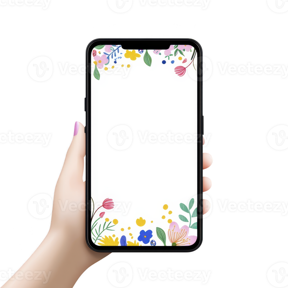 hand holding smartphone with floral border on screen, featuring colorful flowers and leaves. design is cheerful and vibrant, perfect for spring or summer theme png