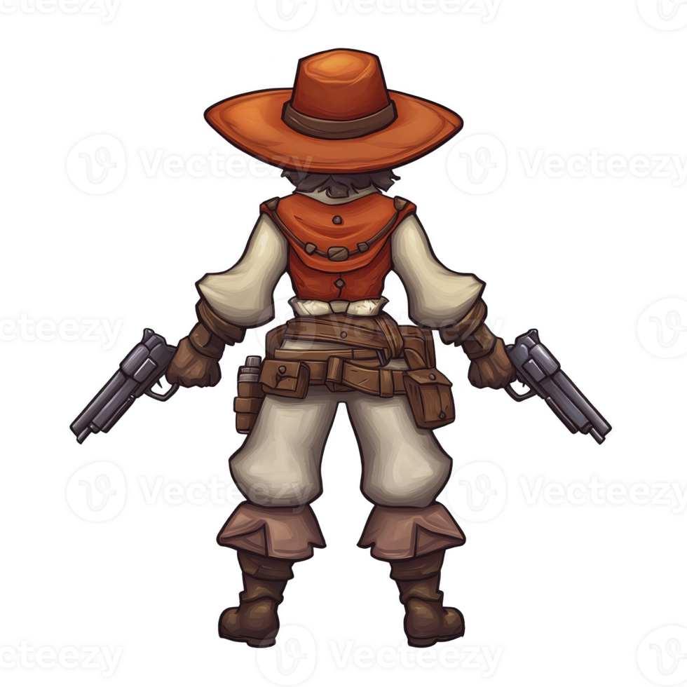 character in cowboy outfit stands with their back facing viewer, holding two pistols. attire includes wide brimmed hat, red vest, and brown boots, evoking Western theme png