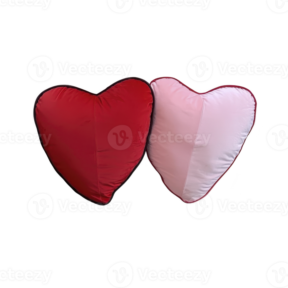 Two heart shaped pillows, one red and one pink, are placed side by side, symbolizing love and affection. soft fabric and vibrant colors create cozy and romantic atmosphere png