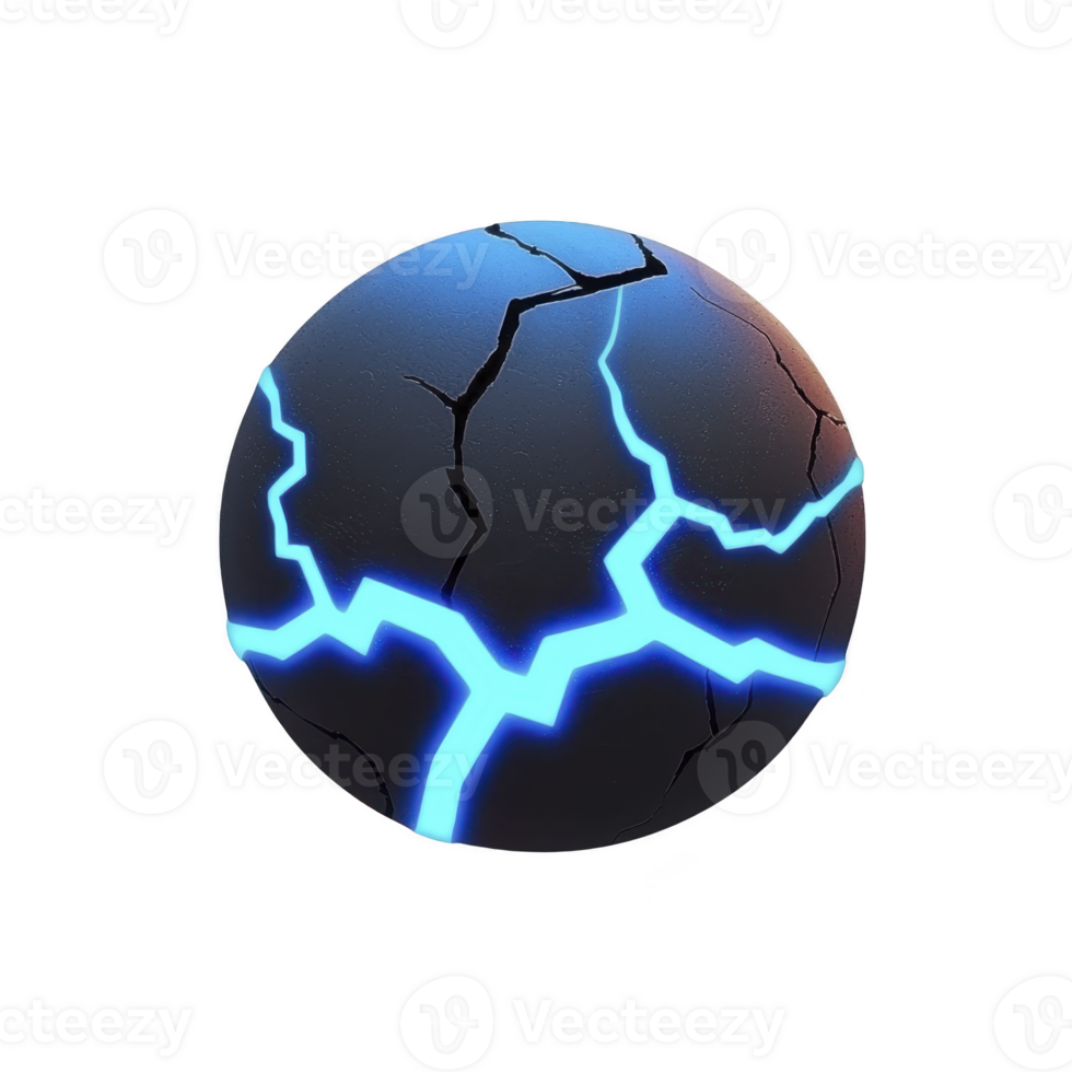 cracked sphere with glowing blue lines creates futuristic and mysterious appearance, suggesting energy or power. dark surface contrasts with vibrant light, enhancing dramatic effect png