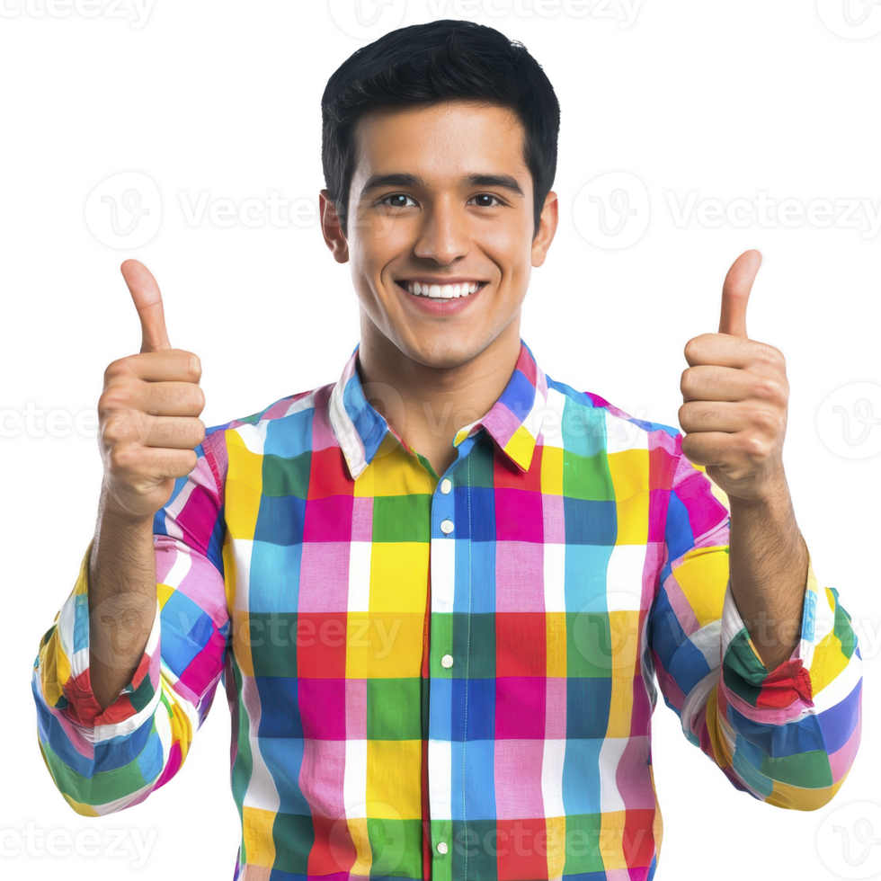 Smiling man in colorful plaid shirt giving thumbs up, expressing positivity and approval. vibrant pattern adds cheerful vibe to image png
