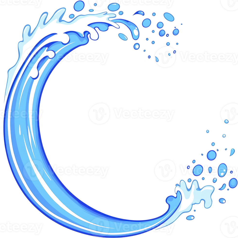 dynamic illustration of stylized blue wave curling with splashes, conveying energy and movement. wave is depicted in vibrant shades of blue, creating sense of fluidity and motion png