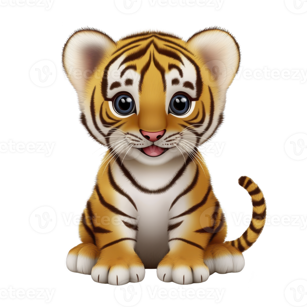 cute cartoon tiger cub with big eyes and playful expression sits facing forward. cub has orange fur with black stripes and white belly, creating adorable and friendly appearance png