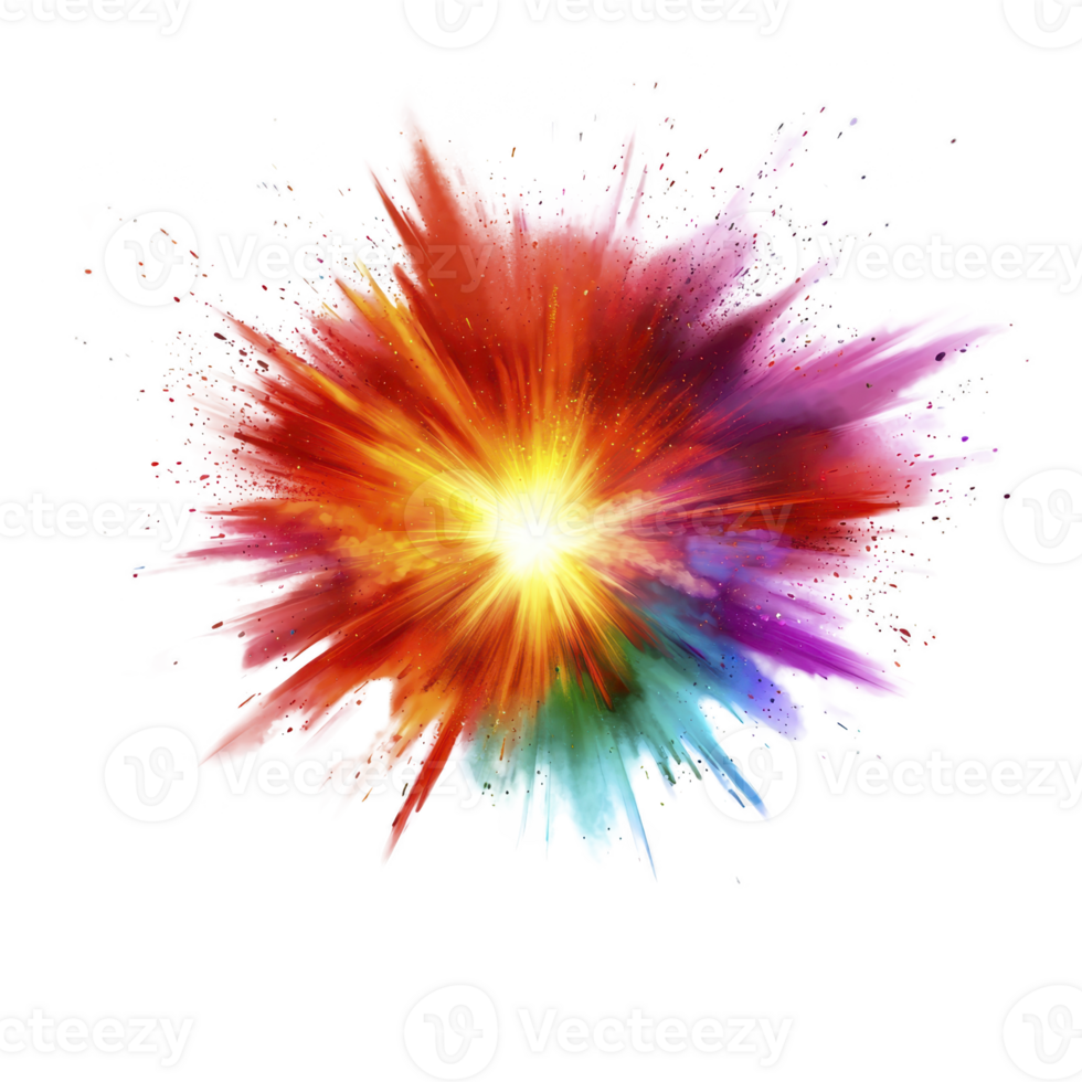 vibrant explosion of colors bursts outward, creating dynamic and energetic display. central point radiates with bright yellows and oranges, transitioning into reds, purples, and blues png