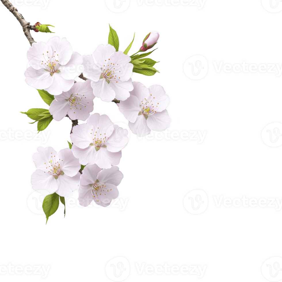 delicate branch of cherry blossoms with soft pink petals and vibrant green leaves, set against clean transparency background, evokes sense of tranquility and renewal png