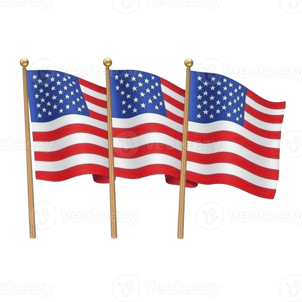 Three American flags waving on poles, displaying iconic red, white, and blue colors with stars and stripes, symbolizing patriotism and national pride png