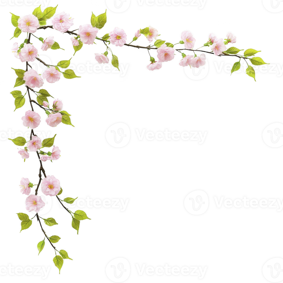 delicate corner floral arrangement with pink cherry blossoms and green leaves on transparency background, perfect for decorative designs png