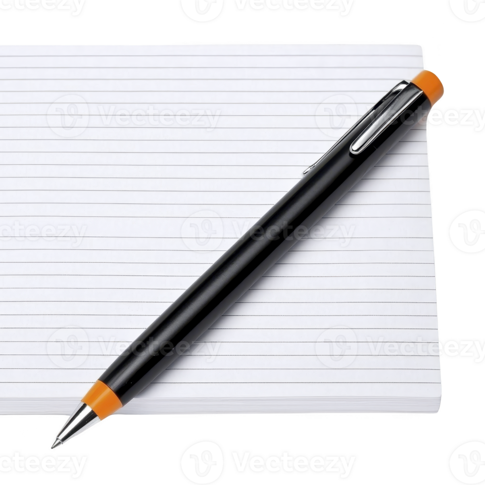 sleek black pen with orange accents rests on lined notebook, ready for writing or note taking. pen modern design complements simplicity of paper, inviting creativity png