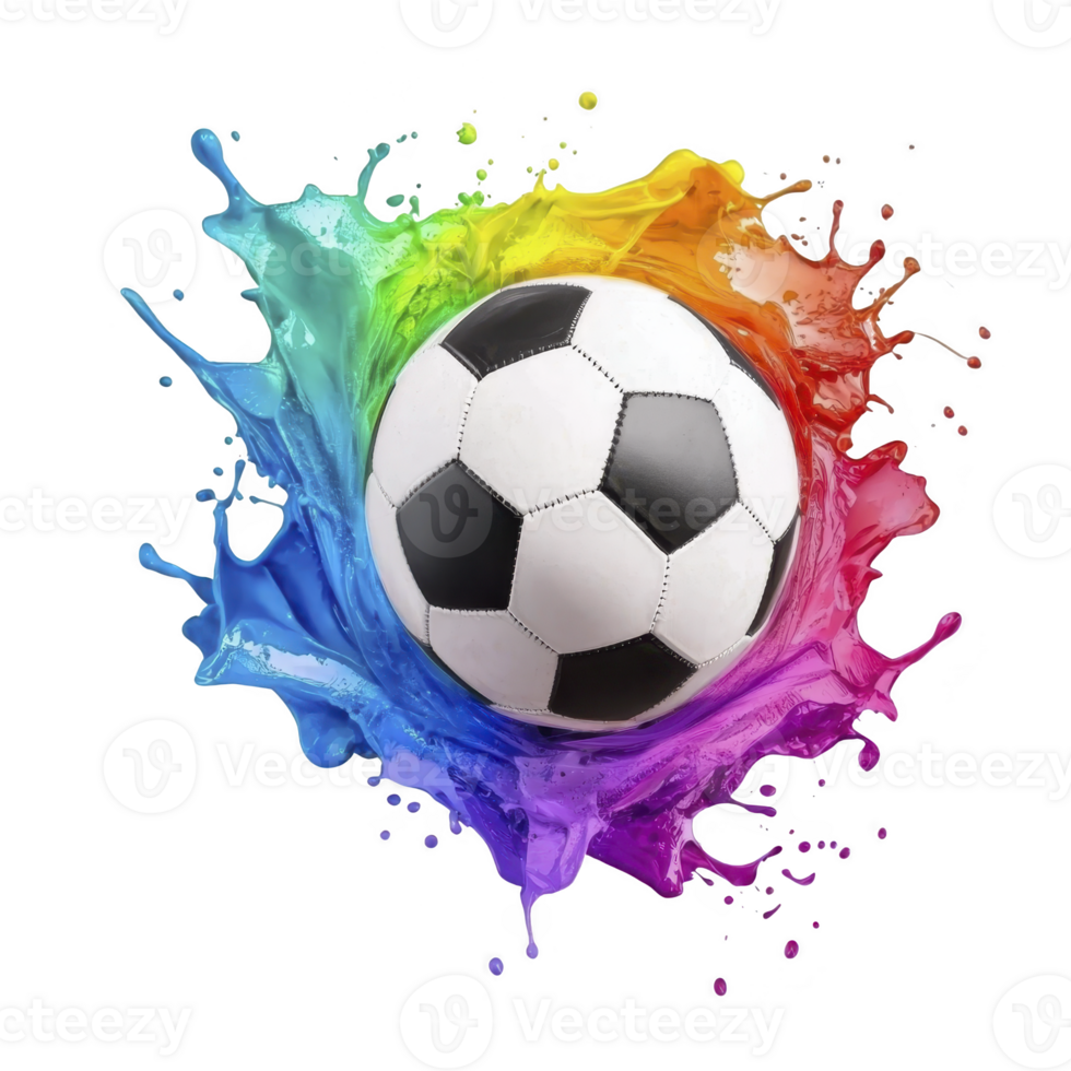 soccer ball is surrounded by vibrant splash of rainbow colors, creating dynamic and energetic visual effect. colorful splash adds sense of motion and excitement to image png