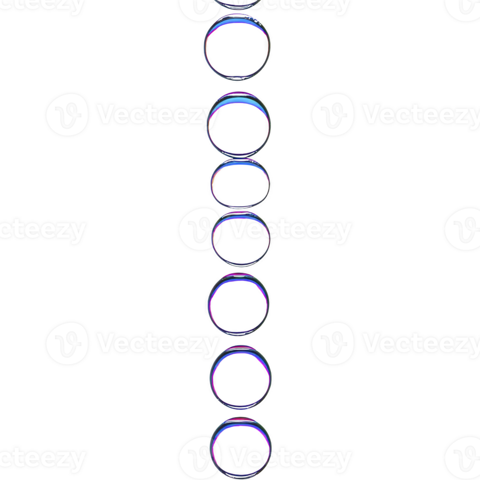 vertical row of iridescent soap bubbles is set against transparent background, creating whimsical and playful effect. bubbles display spectrum of colors, adding magical touch png