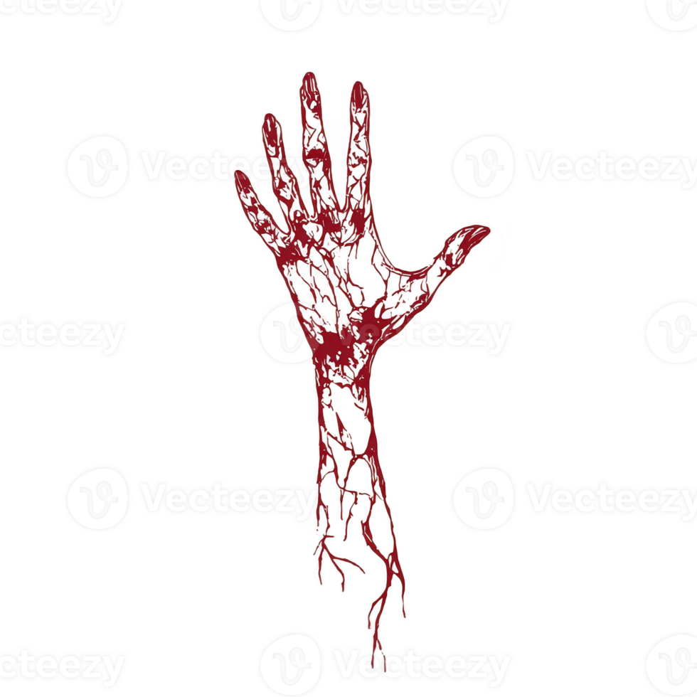 red, skeletal hand with intricate vein like patterns extends upward against transparency background, creating haunting and eerie visual. design evokes sense of mystery and horror png