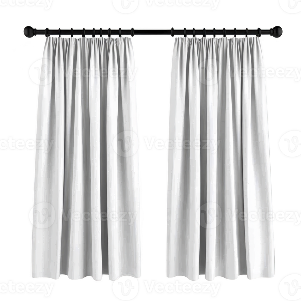White curtains hanging on black rod, creating clean and elegant look. fabric appears smooth and slightly shiny, adding touch of sophistication to any room decor png