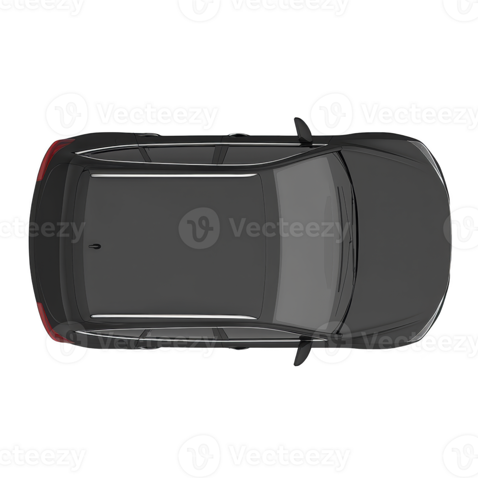 Aerial view of sleek black car with modern design, showcasing its streamlined shape and tinted windows. car roof and side mirrors are visible, emphasizing its contemporary style png