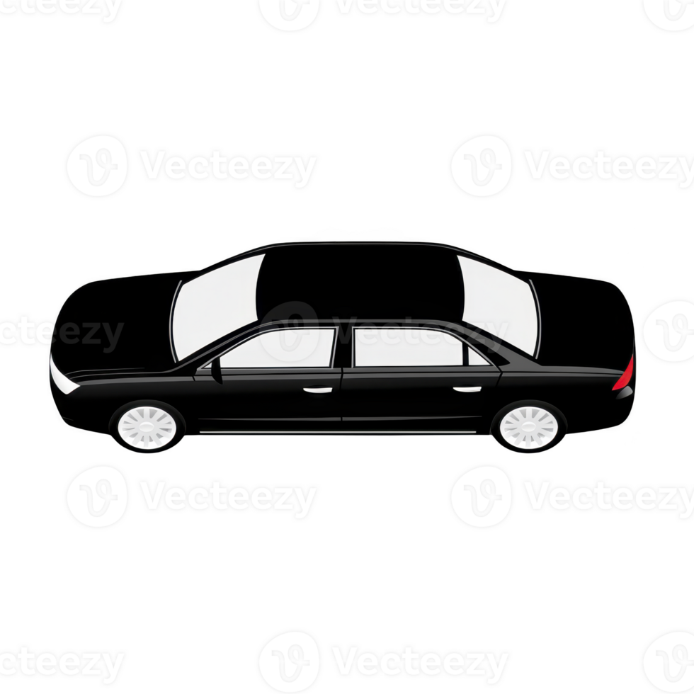 sleek black sedan car illustration with white accents, showcasing side view. design is simple and modern, highlighting car streamlined shape and elegant style png