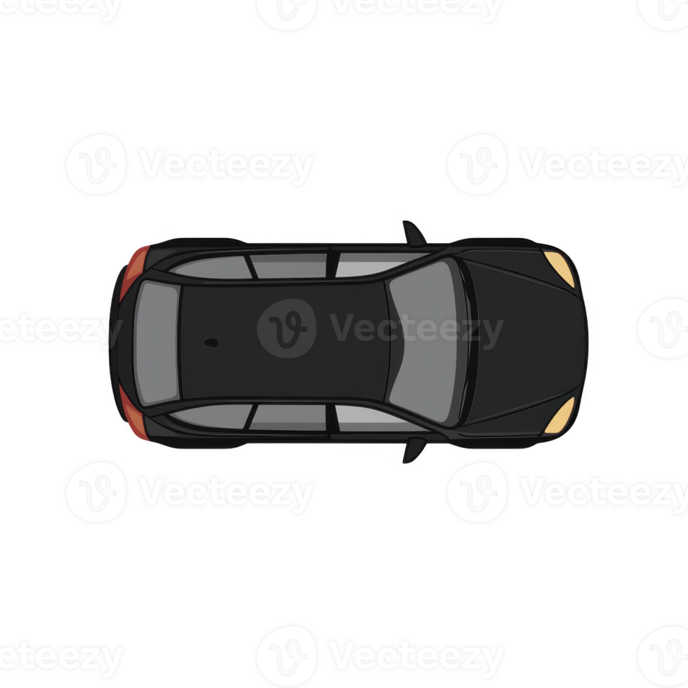 sleek black car viewed from above, showcasing its streamlined design and tinted windows, with visible headlights and taillights. image highlights vehicle modern and elegant appearance png