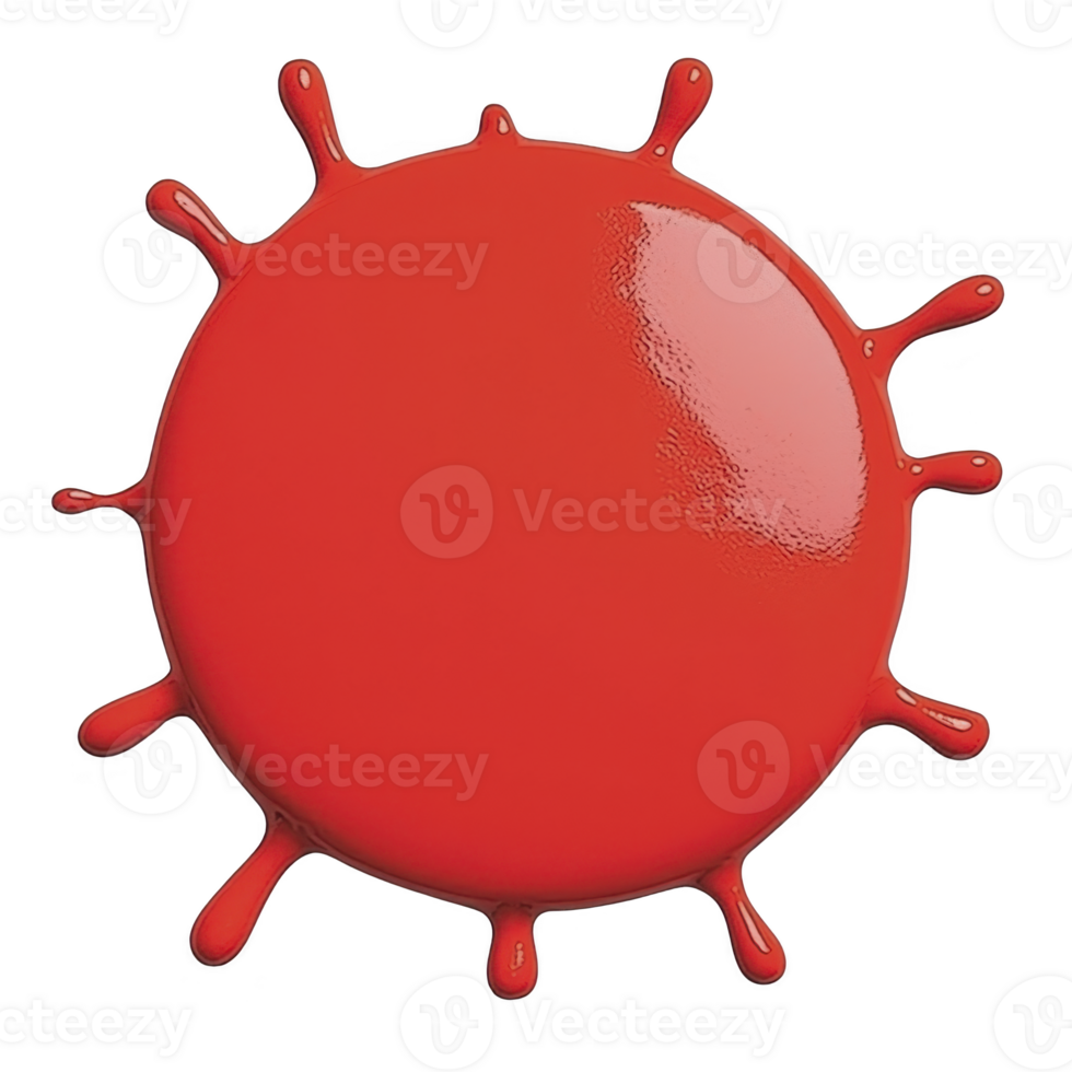 vibrant red paint splash forms circular shape with dynamic splatters extending outward, resembling sunburst or abstract art piece. glossy texture adds lively and energetic feel png