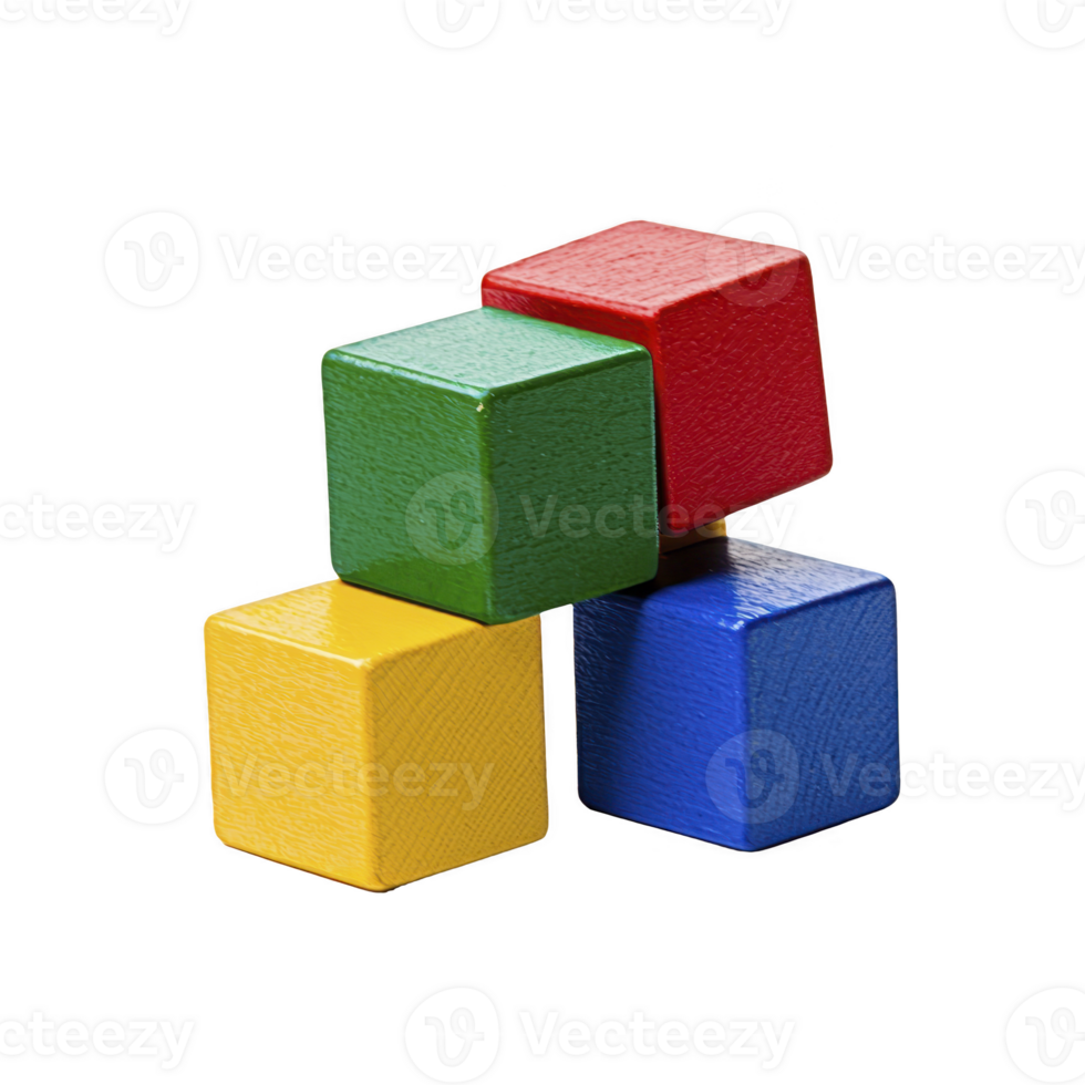 Four colorful wooden blocks stacked creatively, showcasing red, green, blue, and yellow hues, symbolizing playful learning and creativity png
