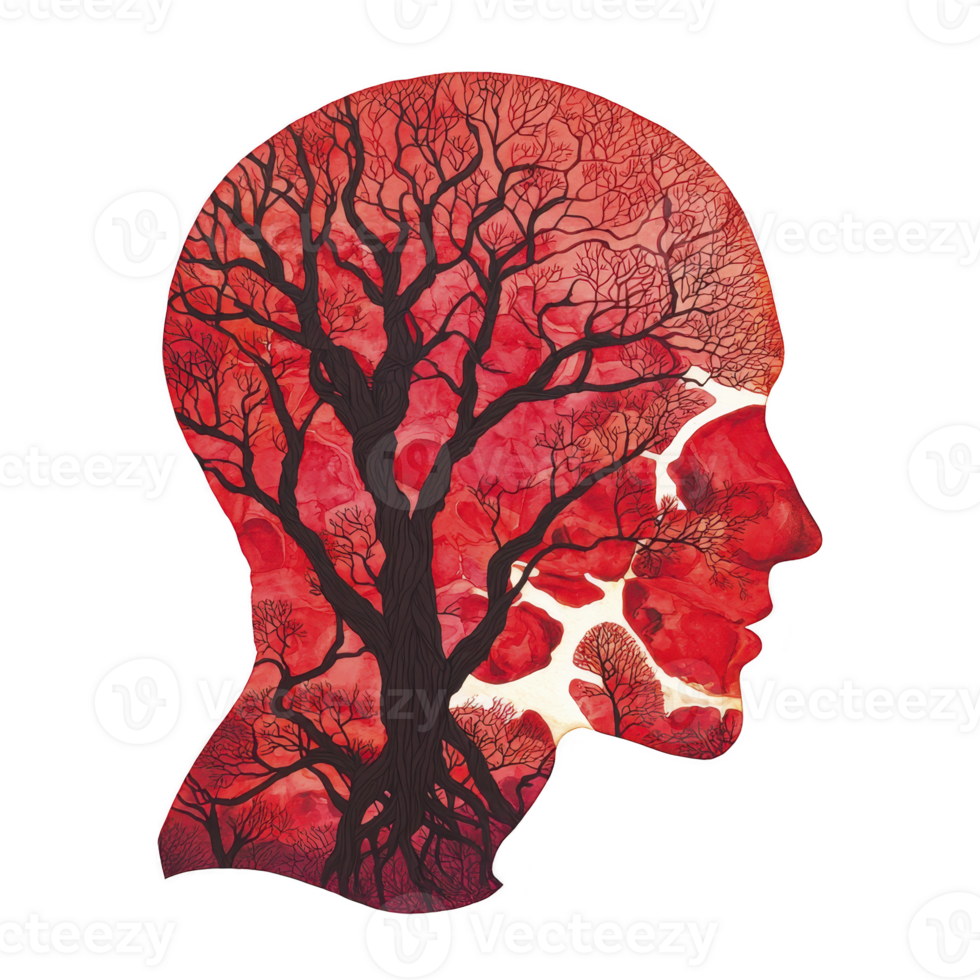 This features silhouette of human head filled with intricate tree branches, symbolizing connection between nature and mind. vibrant red hues evoke sense of passion and creativity png
