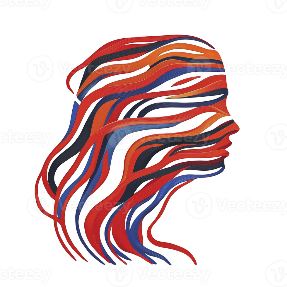 This features colorful abstract illustration of woman profile with flowing, wavy lines in red, orange, blue, and black, creating dynamic and artistic effect png
